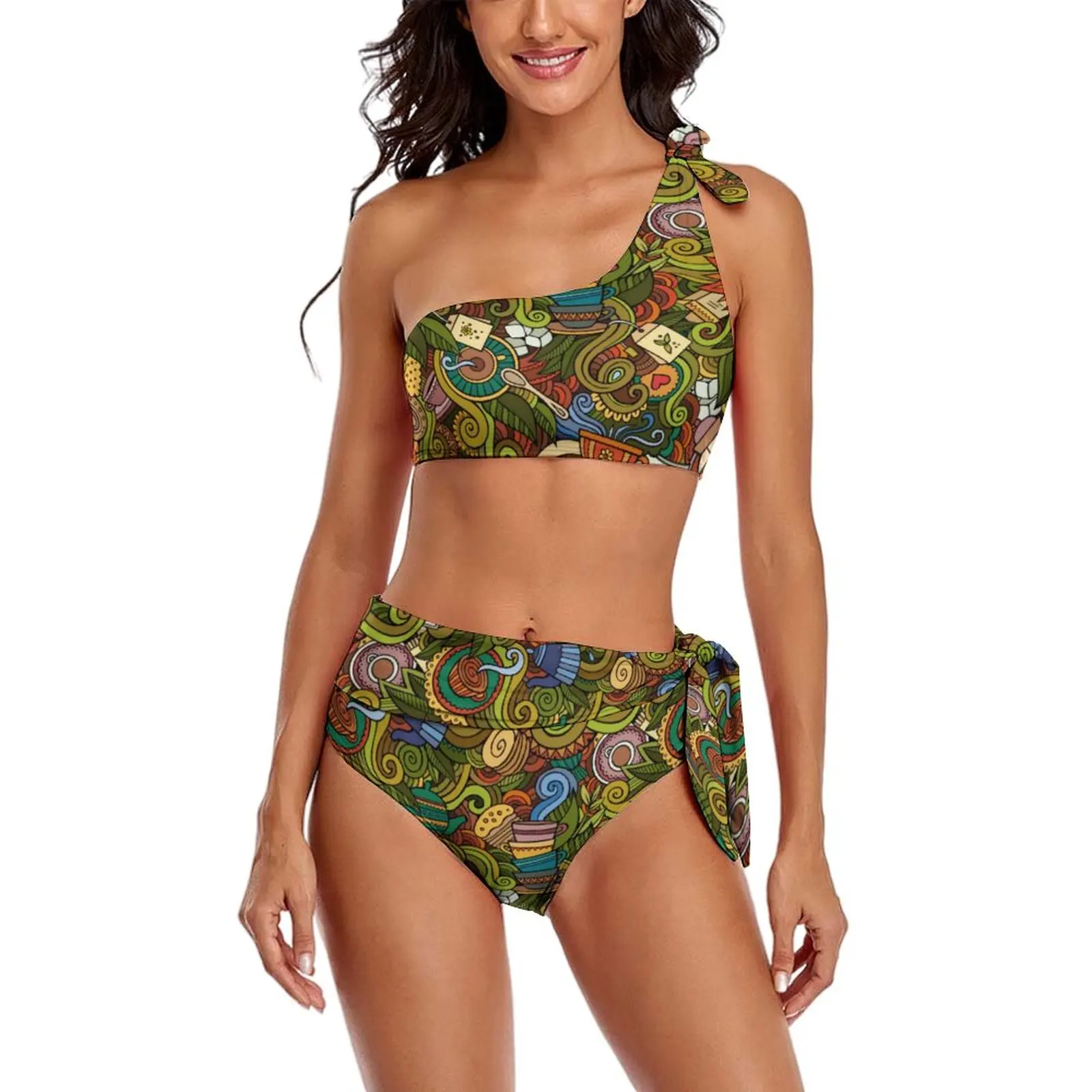 Sexy Tea Time Pop Art Bikinis Set Retro Floral Print Vintage Bikini Swimsuit Stroje kąpielowe Surf Stroje kąpielowe Duży rozmiar Stroje plażowe