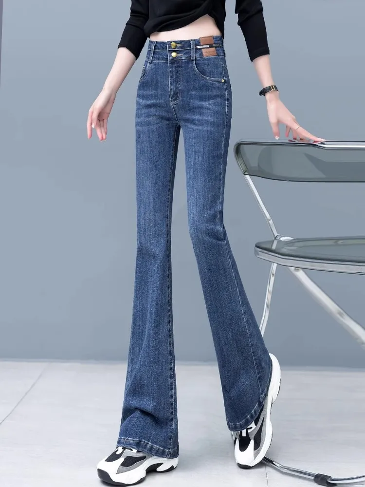 

Джинсы женские с высокой талией, двойной пошив, повседневные, расклешенные, из хлопка, стрейч-деним, износостойкие, весна-осень, новинка