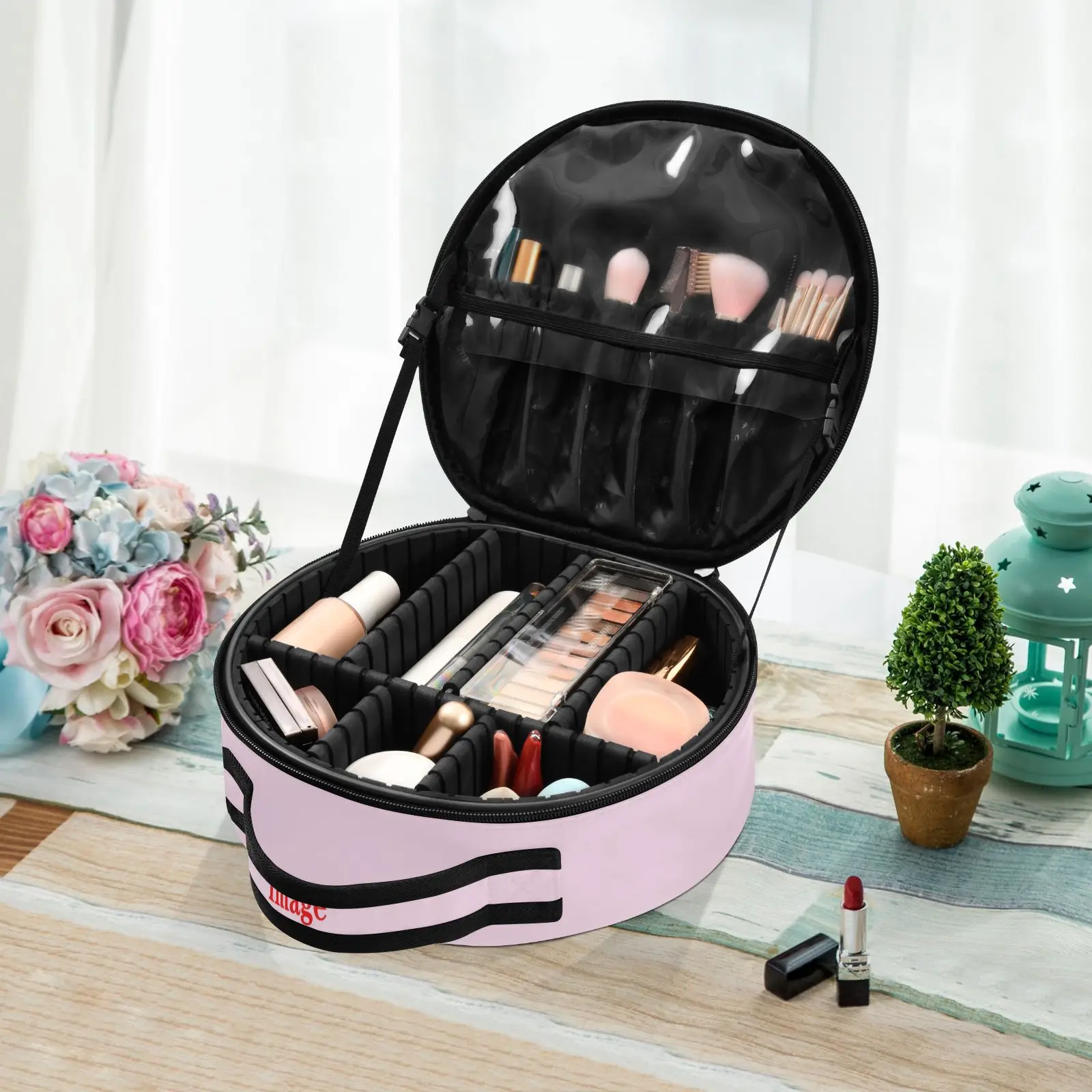 Round hard partition Cosmetic Bag Organizer Women Travel Make Up Customized Pattern Cosmetics Suitcases Makeup Toiletry Bag New