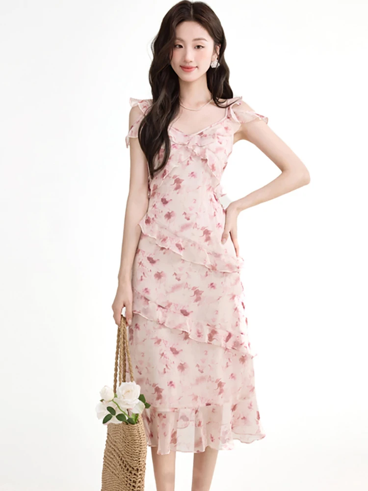 

Женское розовое цветочное шикарное платье миди с рюшами, летнее элегантное платье на бретельках с квадратным вырезом, сексуальное платье 2026 года в корейском стиле, облегающее вечернее платье