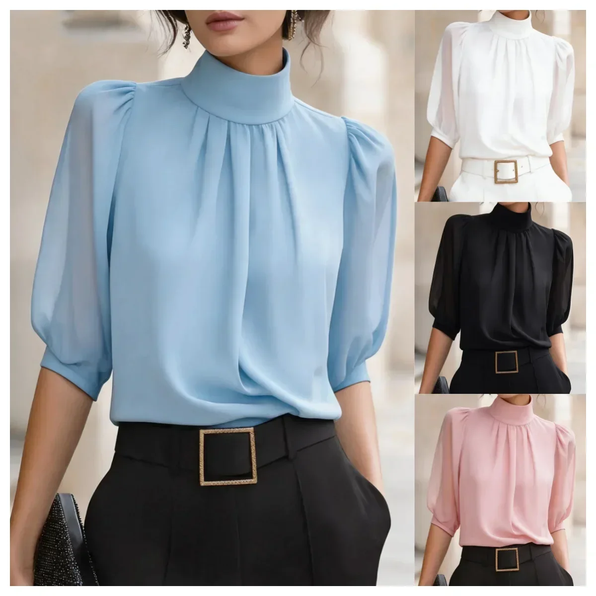 Damen-Bluse mit Stehkragen, Puffärmeln, 3/4-Länge, Falten und Drapierung vorne, aus Chiffon, elegant für Büro und Arbeit, lässige Oberteile für Damen – Detail 2