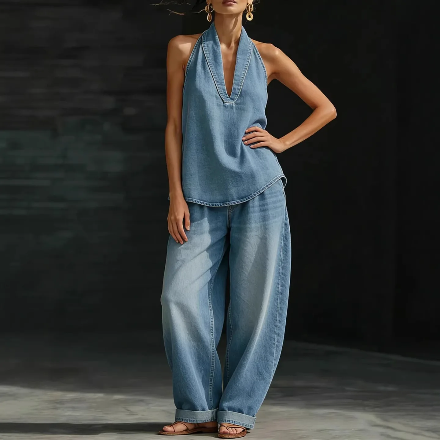 New Retro Two Piece Outfit  Woman Elegant V Neck Halter Vest Sleeveless Top Wide Leg Trousers Suit Fashion Casual Two Piece Ses