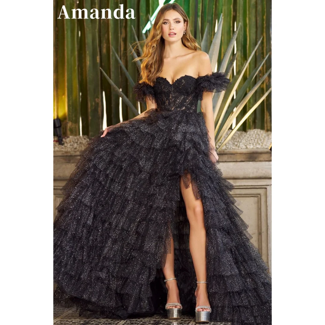 

Amanda Luxury Black Pleated Tulle Prom Dress Multilayer Organza فساتين السهرة Sexy Side High Split Evening Dress