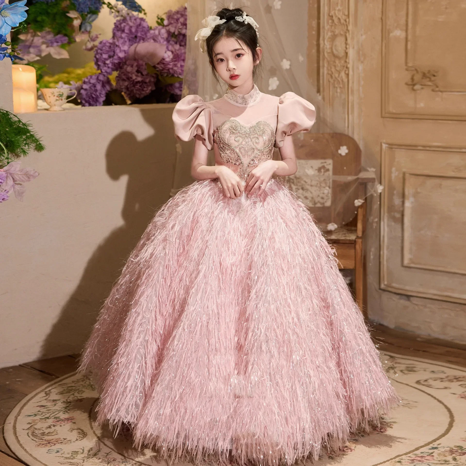 Kids Girls Dress 2025 New High End Luxury Beauty Princess Dress Children's Puff Sleeves Tassel Sweet Piano Performance Dress