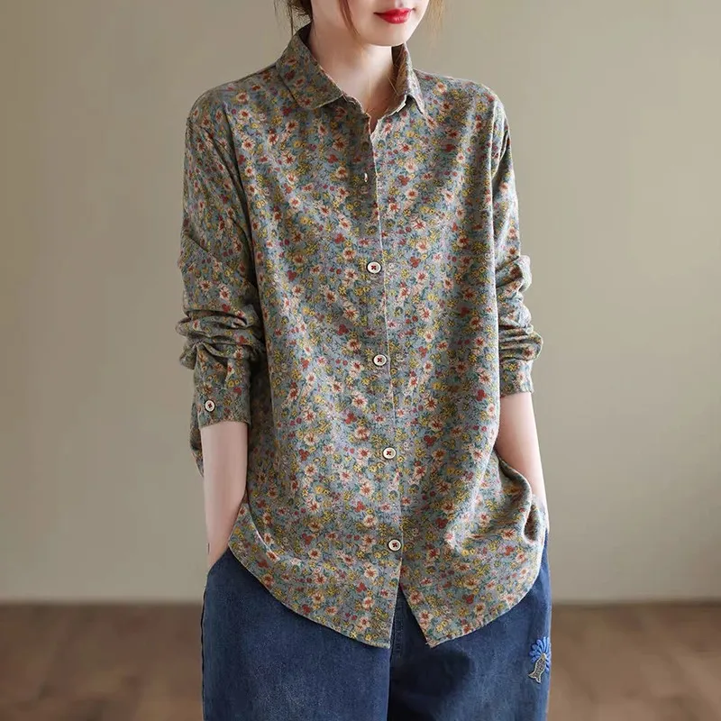 Women Long Sleeve Casual Shirts New Arrival 2022 Spring Vintage Style Floral Print Cotton Linen Ladies Elegant Tops B1575