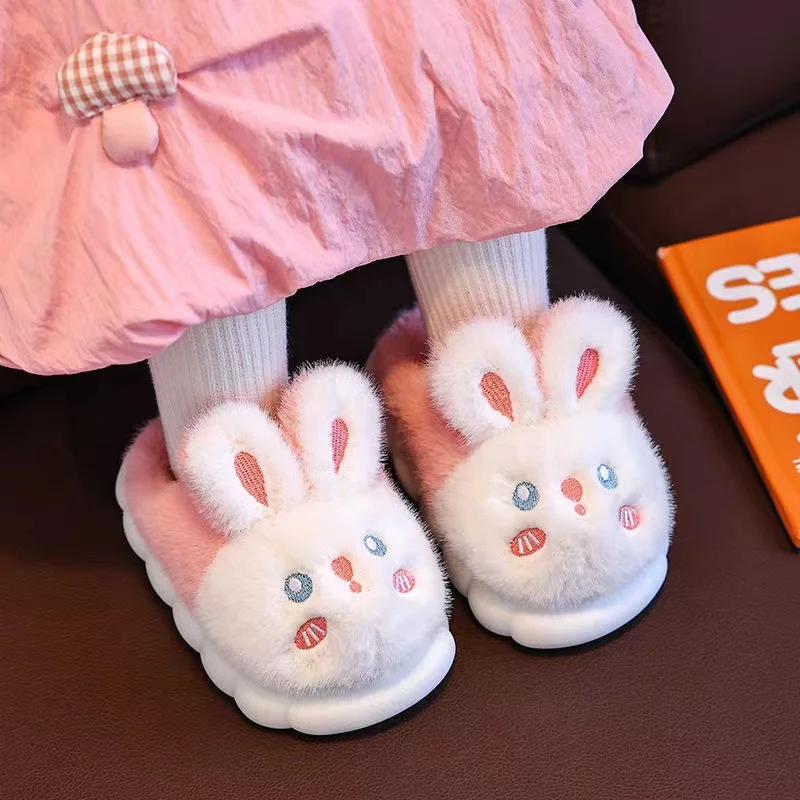 Children Cute Rabbit Cotton Slipper Winter Soft Warm Boys Girls Indoor Home Slippers Bedroom Thick Sole Baby Fluffy Fur Shoes