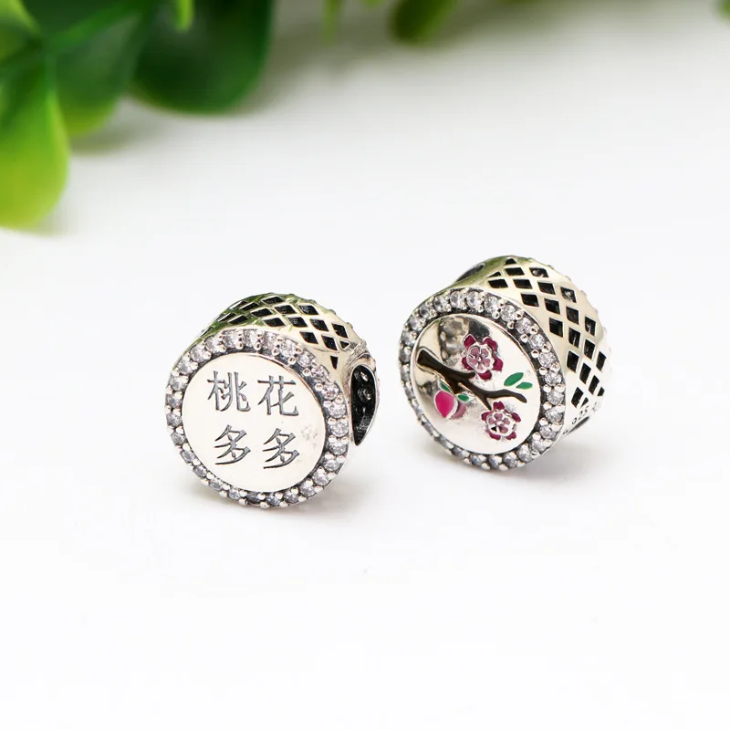 

New Original 925 Sterling Silver Bead Peach Blossom Flower Spring Charm Chinese Fit Pandora Bracelet Necklace DIY Women Jewelry