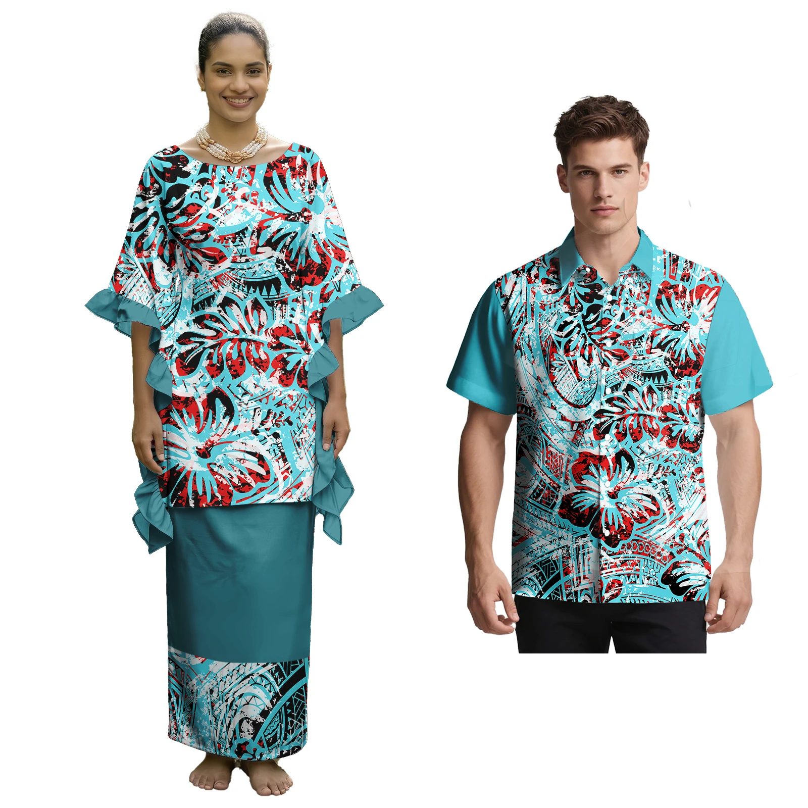 Couple of Set Aloha Fashion Men's Shirts Women Elegant Samoan Puletasi Polynesian Tribal Design Sweet Clothes Custom for Couple