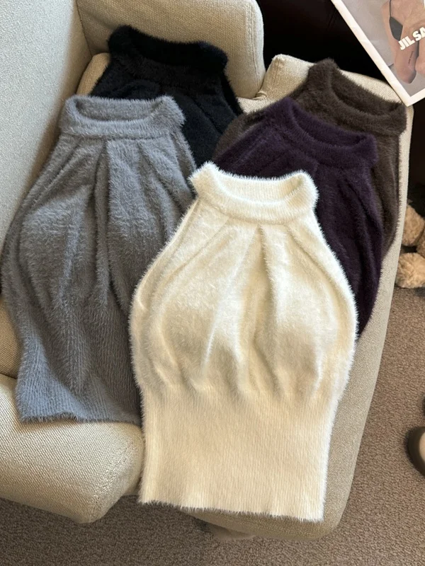 

Sexy oulder-aped Mink Vest Top for Women Ne Hanging Strap Chest Pad Svel Knitted Sweater Thi Warm Winter Faion