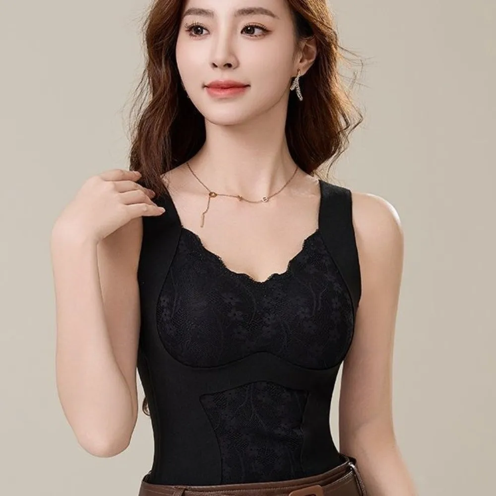 Koronkowa termoaktywna bielizna modelująca, bez rękawów, wyszczuplająca, z wkładkami, ocieplana aksamitnym polarem, zimowa kamizelka na ramiączkach.