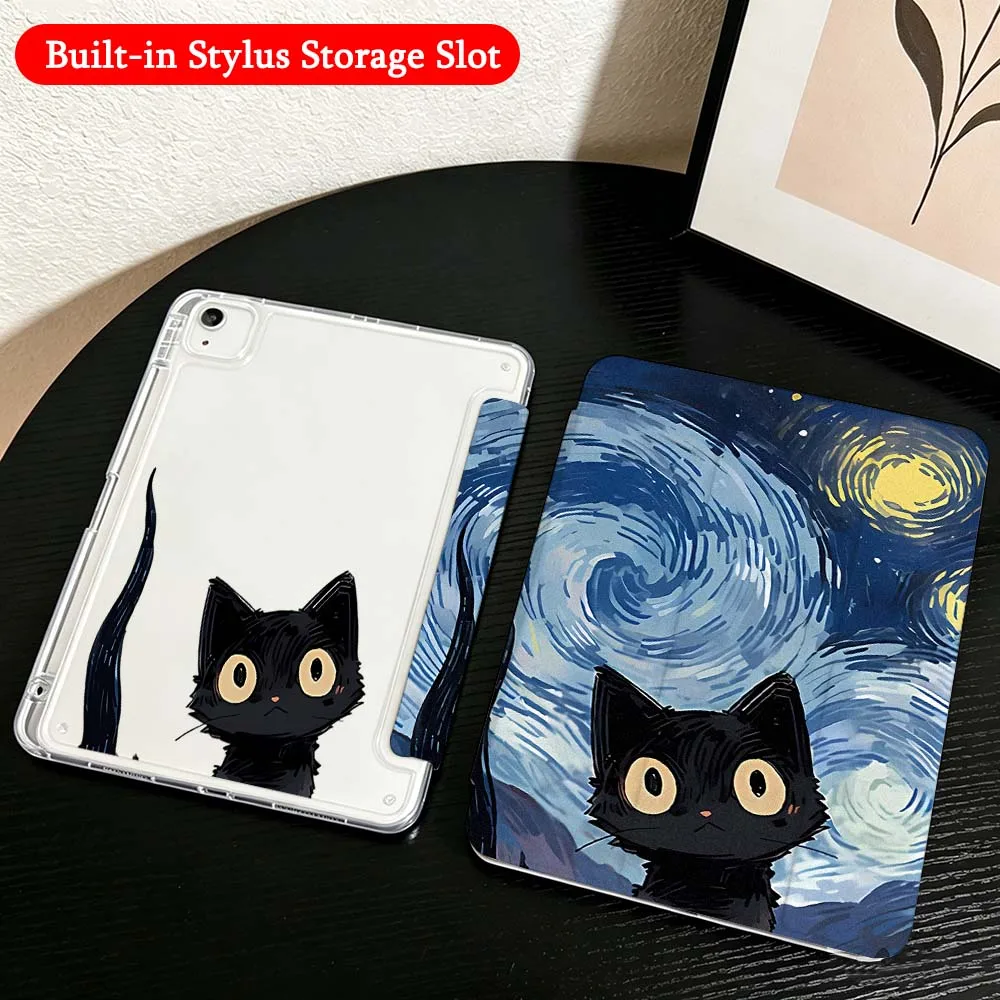 Cartoon Black Cat Night For iPad Mini Pro Air 5 6 7 8 9 10th 11th 11 9.7 10.9 13 inch Transparent Y-Shaped Folding Tablet Case