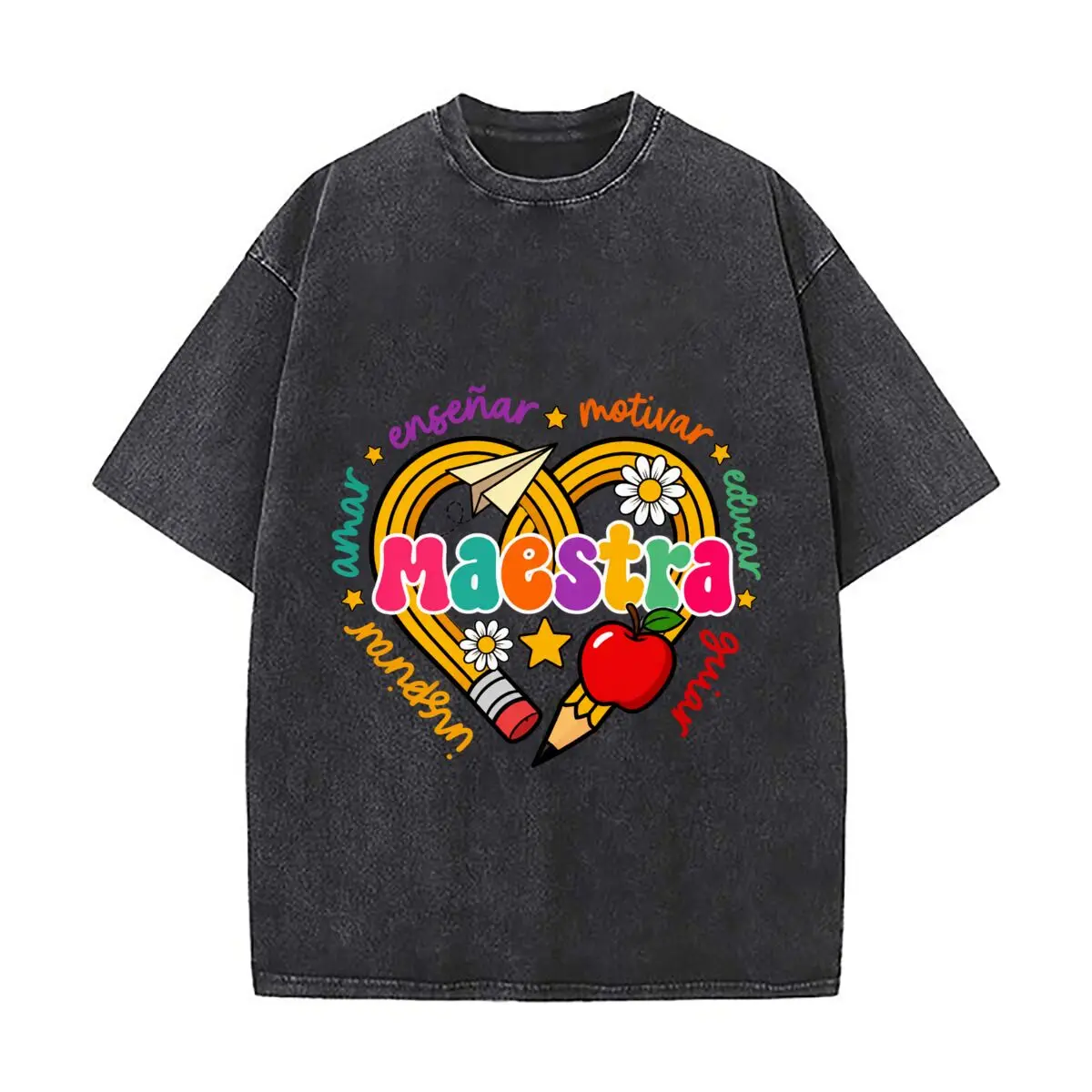 Maestra Teacher Apple Pencil Heart Daisies Stars Paper Airplane Washed Short Sleeve Loose Streetwear Tee Hip Hop