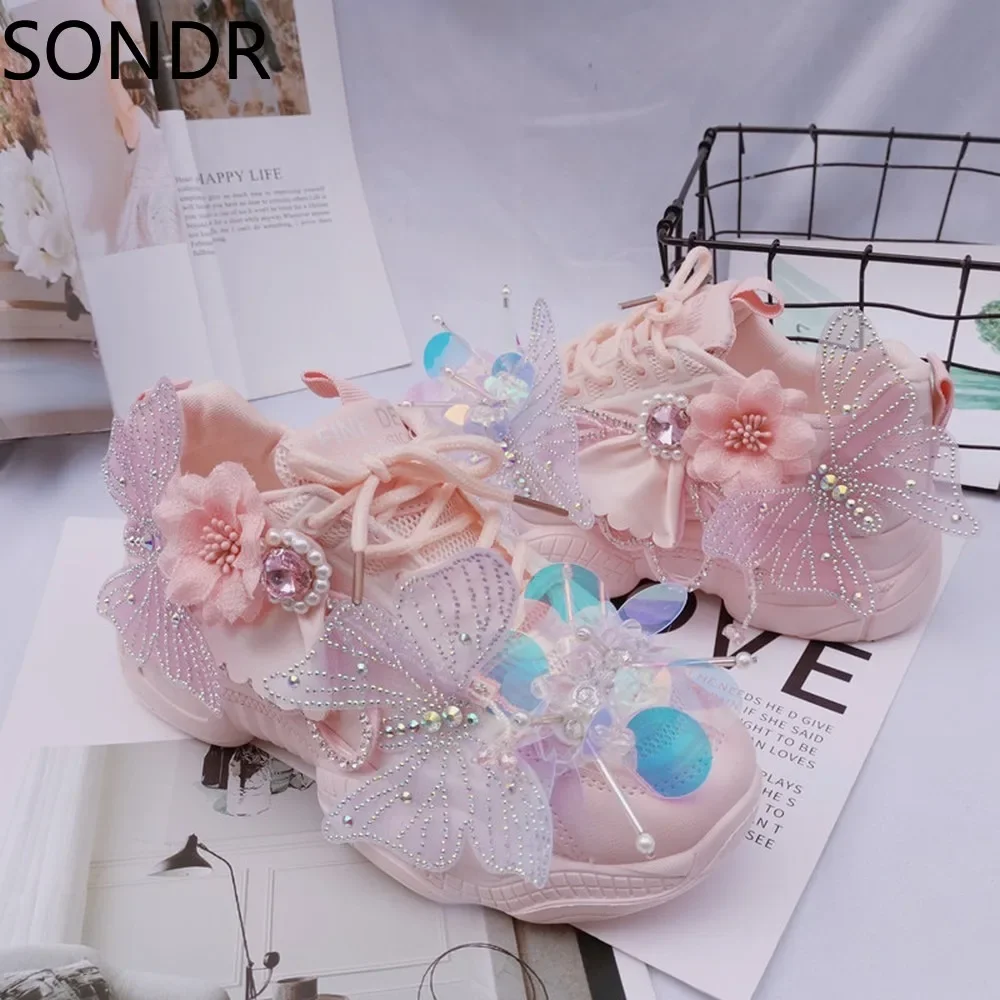 Womens Flowers Sneakers Lace Up Rhinestones DIY Flowers Butterfly Shiny Girls Shoes Casual Sweet Pink Lolita Gift New 2024