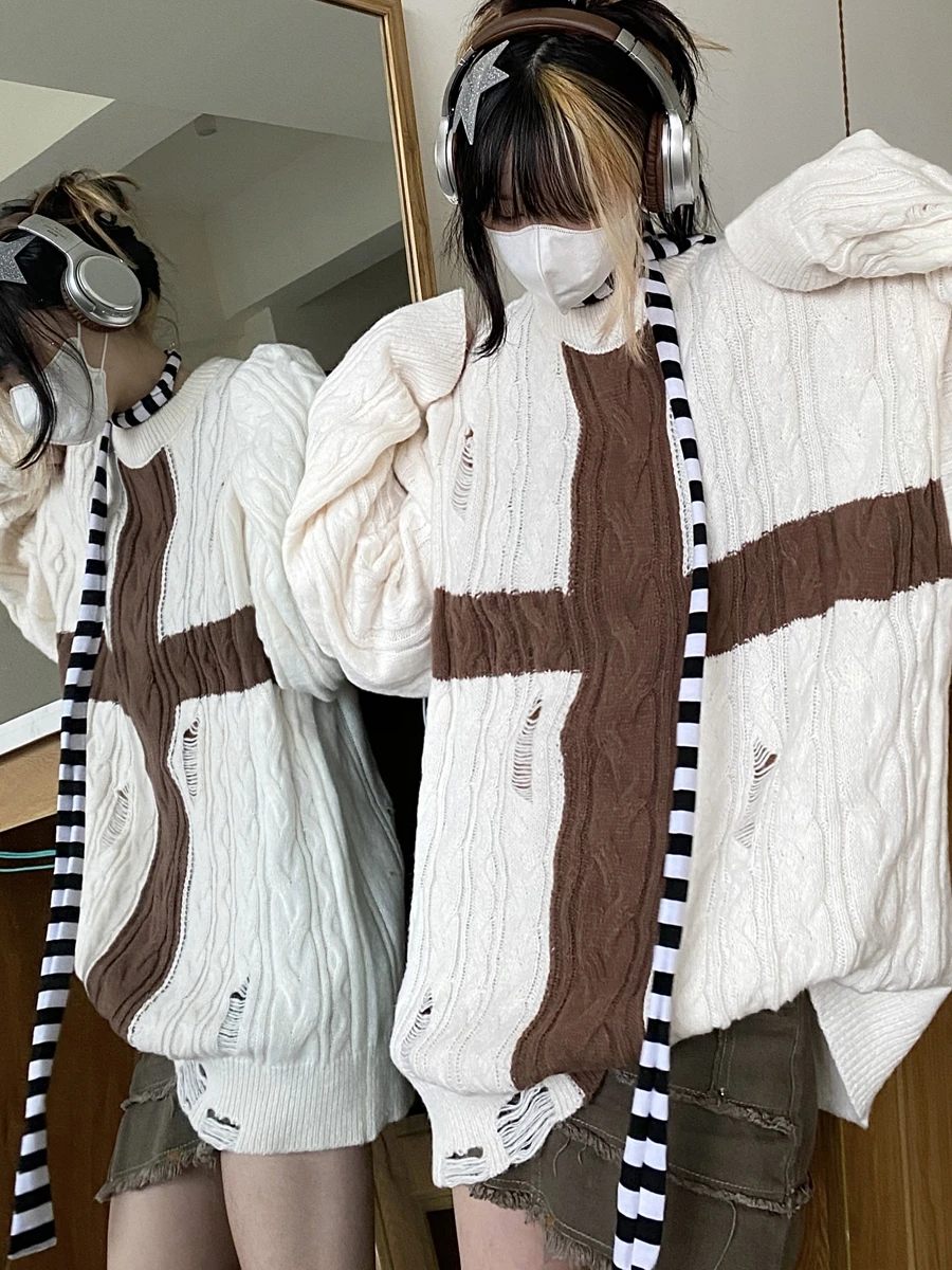 

Ретро-свитер унисекс с перфорацией, свободного кроя, осенне-зимний, повседневный, в японском стиле, для уличной моды