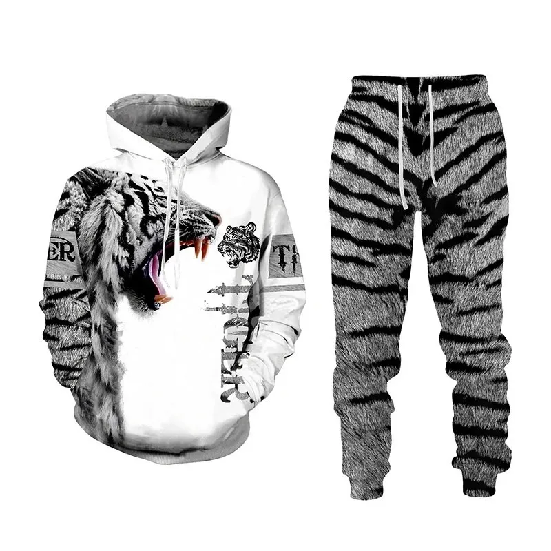 New Men's animal ferocious tiger Sweatshirt 3D Printed Men Sportswear pants Two-piece set Autumn fashion Men clothing set