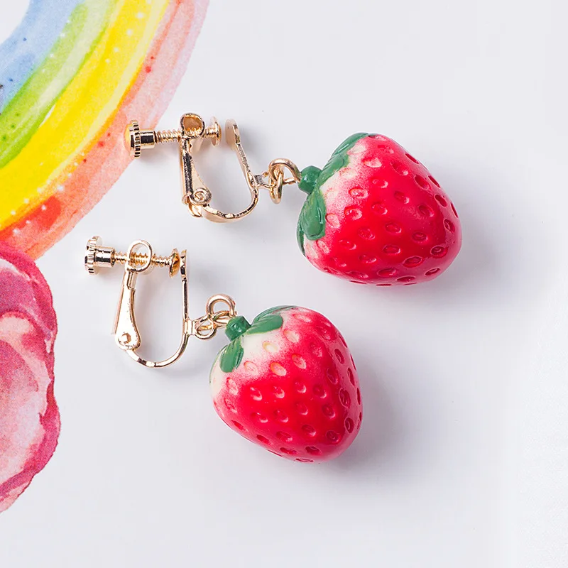 Fashion Jewelry Girls Women New Fruit Cute Lovely Fancy Red Color Strawberry Drop Earrings Ear Clip Jewellery Accessories