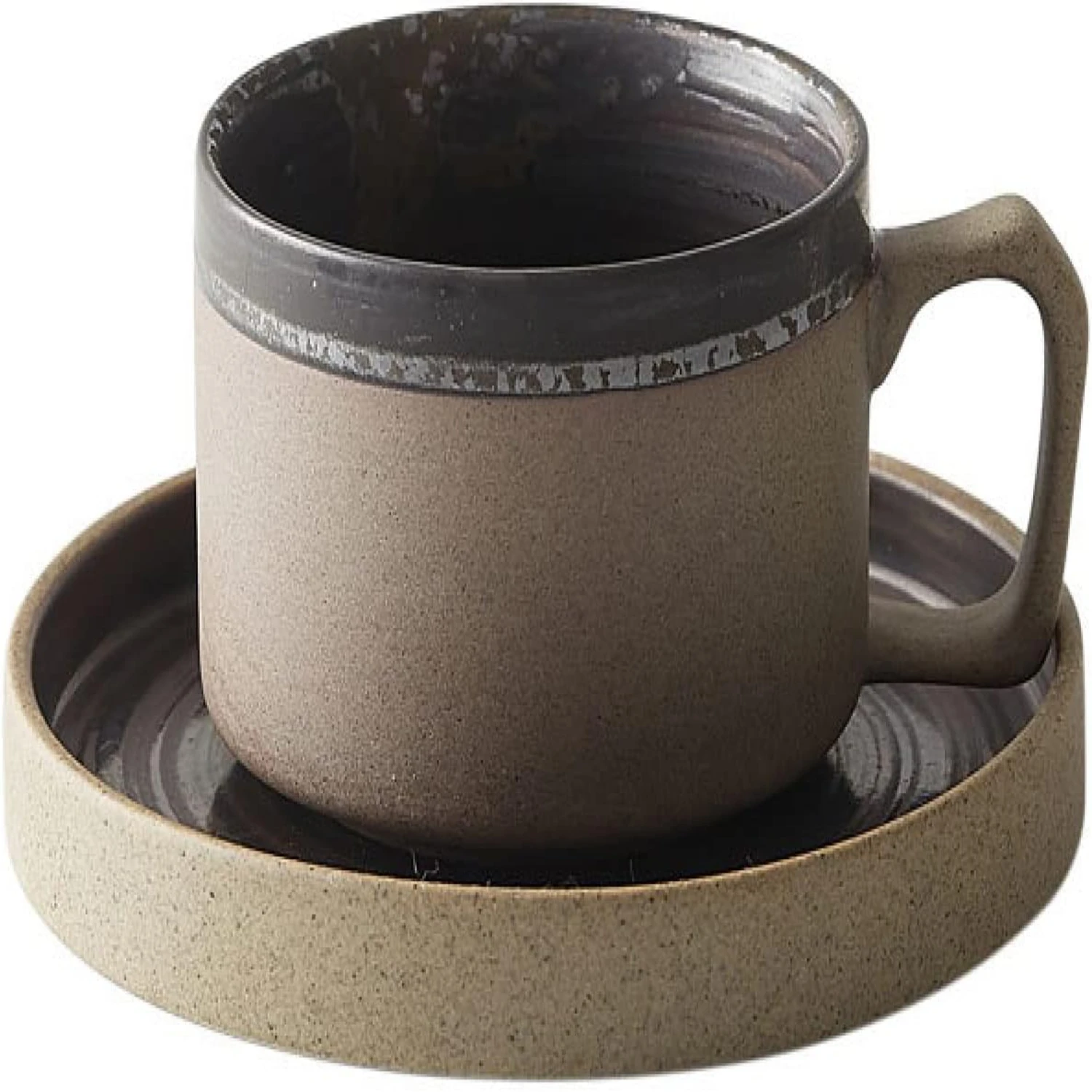 

Vintage Elegant Exquisite Handmade Brown Ceramic Coffee Mug, Saucer, and Plate Set - Classic Retro Pottery Tea Cup - Perfect Oat