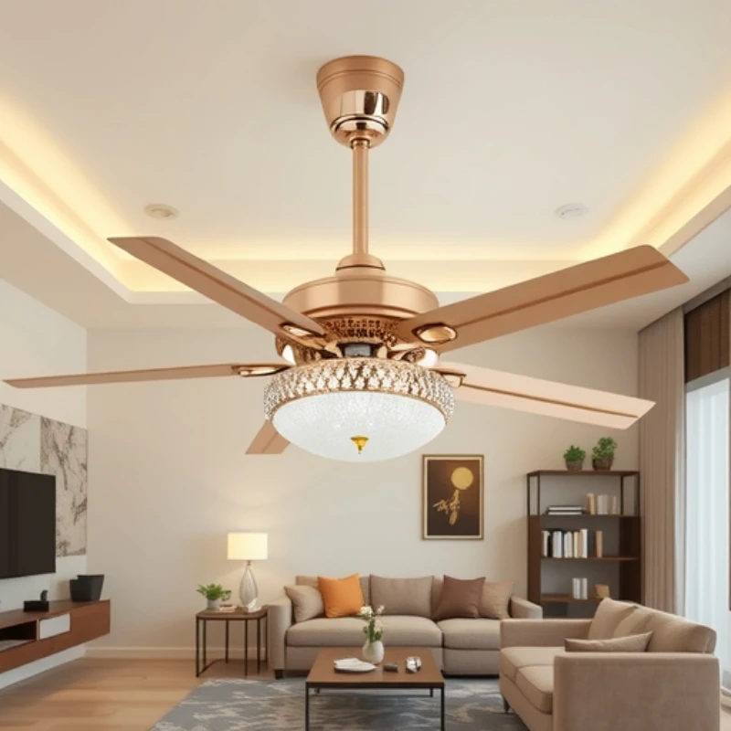 Light Luxury Fan Light Golden European Restaurant Living Room Electric Fan Iron Leaf Variable Frequency Integrated Ceiling Fan