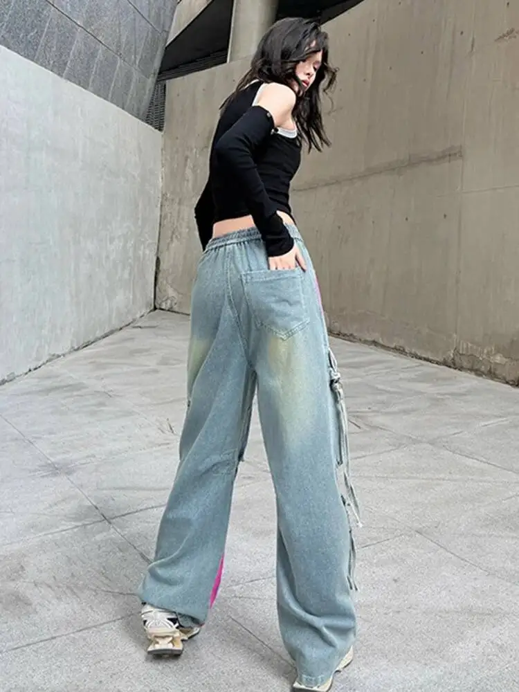 High Elastic Waist Blue Denim Pocket Long Jeans Cargo Pants New Trousers Women Fashion Tide Spring Autumn