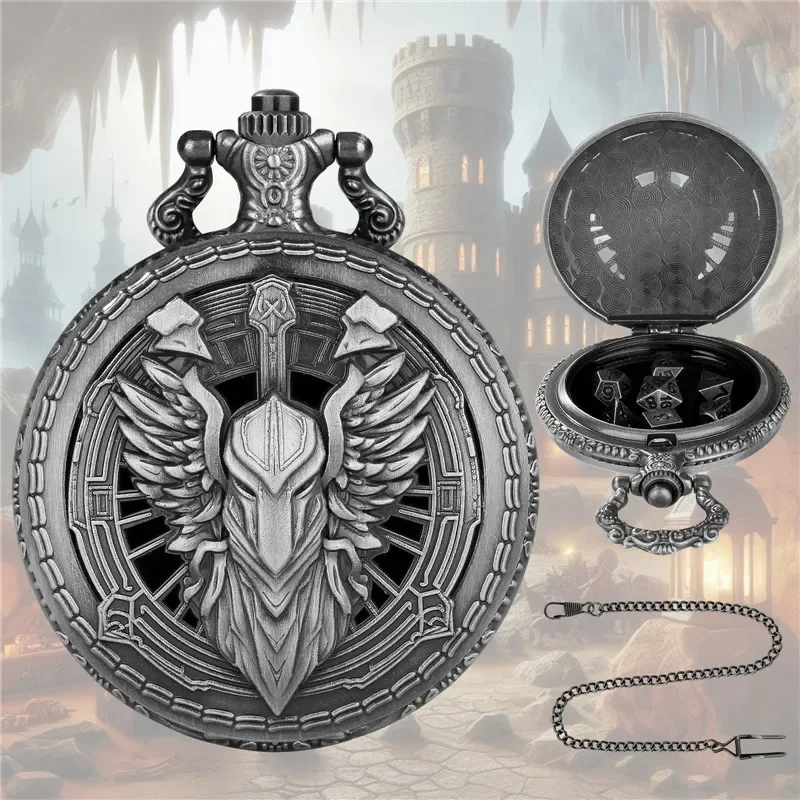 Retro 7pcs Metal Polyhedral Dice Dragon Role Play Gaming Dices with Knight Pocket Watch Case with FOB Chain Unique Gift