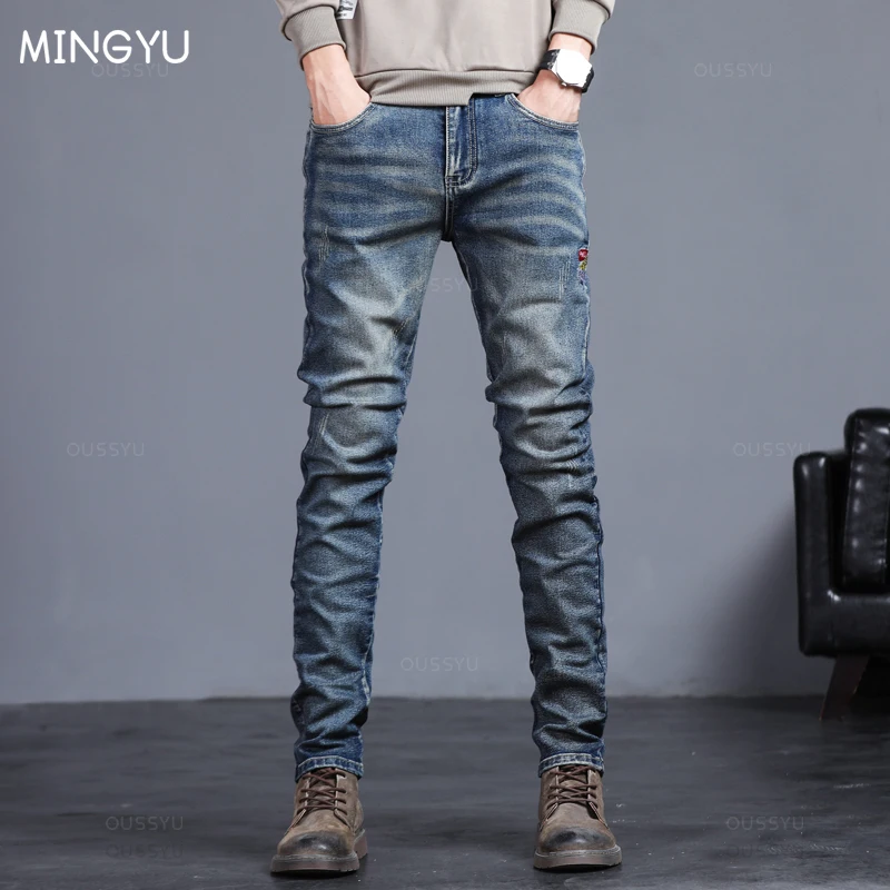 

2024 New Four Seasons Men's Jeans Vintage Blue Solid Color Elastic Classic Jeans Men Slim Fashion Denim Trousers Male 27-38