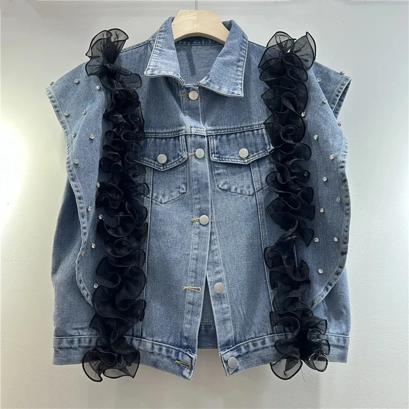 Spring Summer Heavy Work Diamond Lace Splicing Undershirt Women Denim Vest 2026New Loose Sleeveless Jacket Coat Women Denim Coat