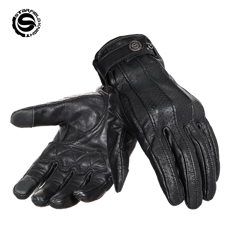 SFK Black Motorcycle Gloves Full Finger New Riding Protection Gears Summer Breathable Real Goat Leather Non-slip Wear-resistant