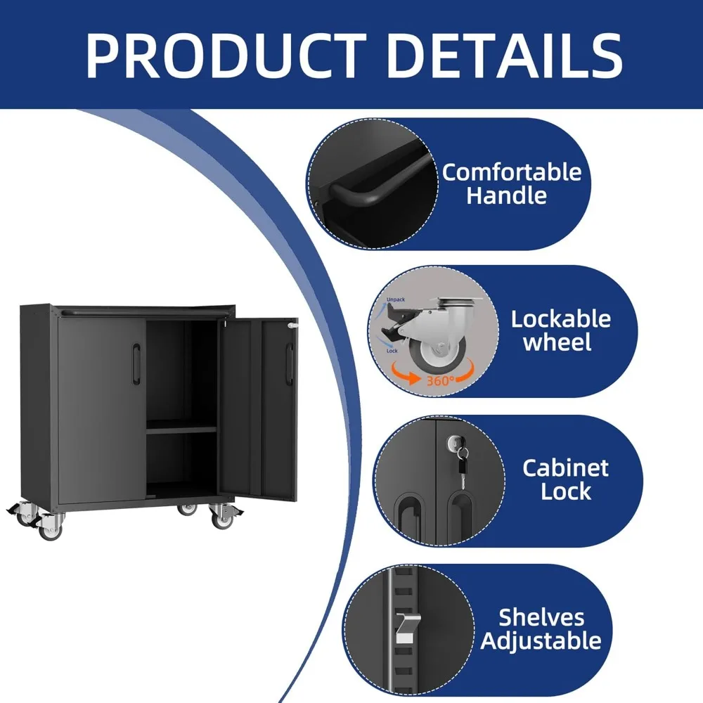 Adjustable Wall and Rolling Locking Tool Cabinets with Doors and Shelves for Garage Storage System