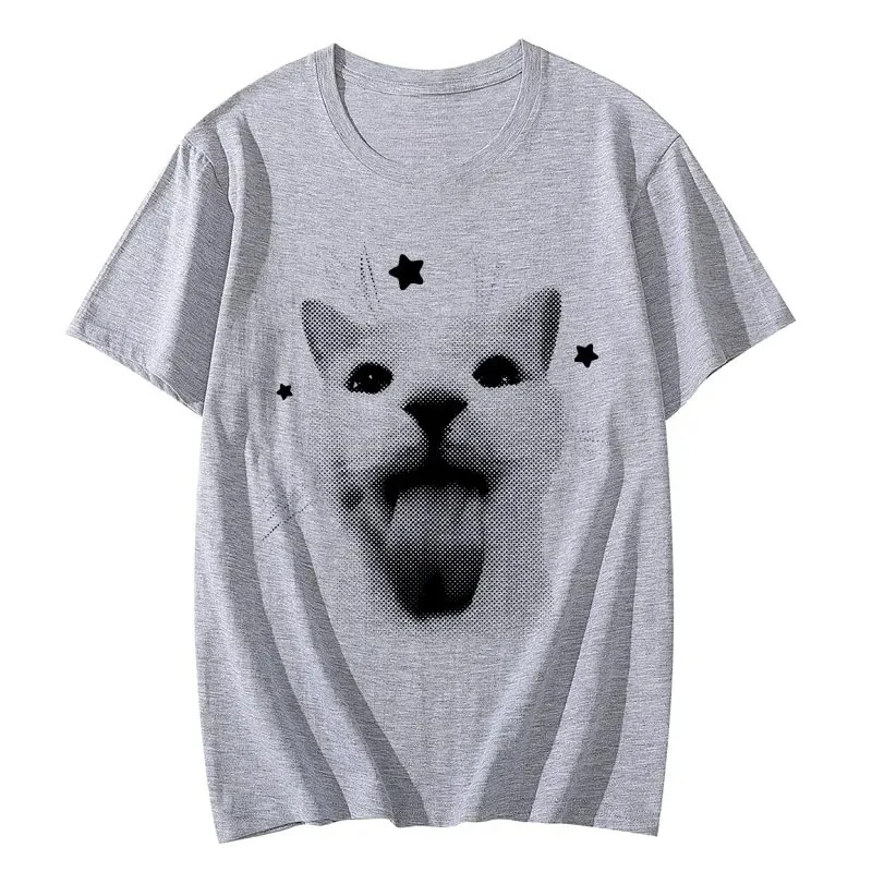 Retro Dot Scream Kitten Print Short Sleeve Tee Summer Breathable Crew Neck Loose Basic Top Cute Star Animal Street Casual Wear