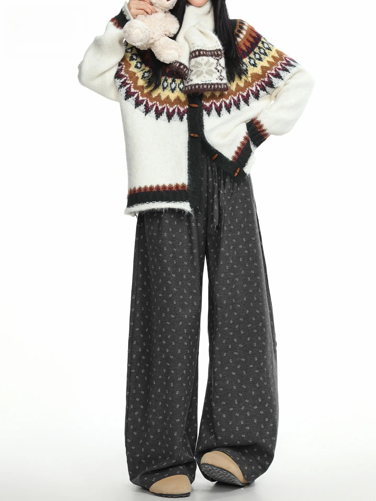 

Широкие брюки с высокой талией, женские шерстяные брюки прямого кроя с цветочным принтом, свободные повседневные модные длинные брюки на весну и лето