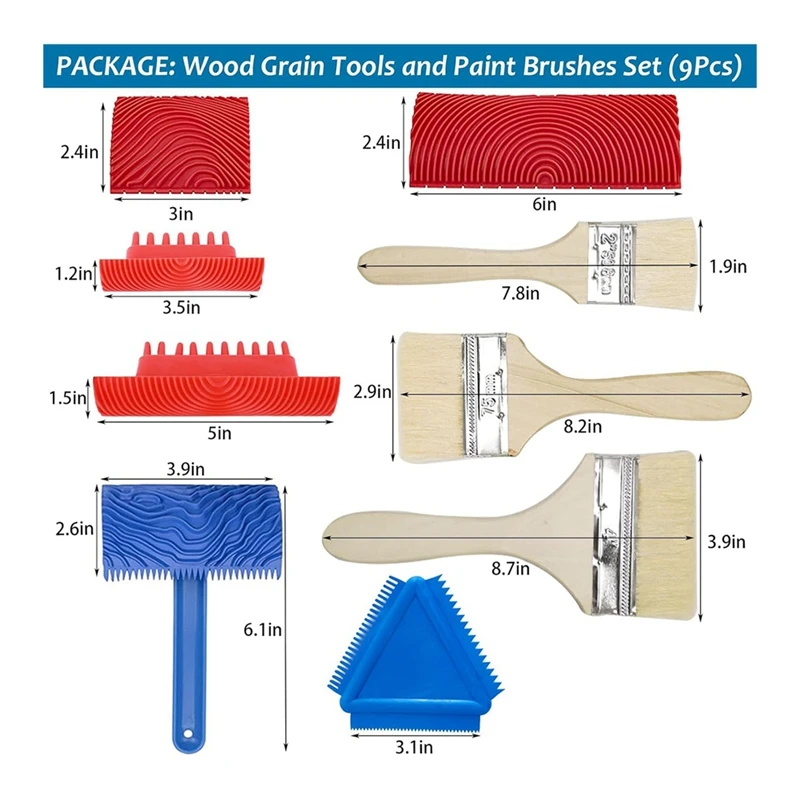 Faux rouleau de peinture en bois Mars, pinceaux, outil de grainage, ressemblant à du bois, outils de peinture bricolage, 9 pièces