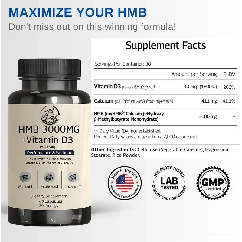 HMB 3000mg and vitamin D3 (1600 IU) supplements promote muscle growth and recovery -60 vegetarian capsules 30 servings