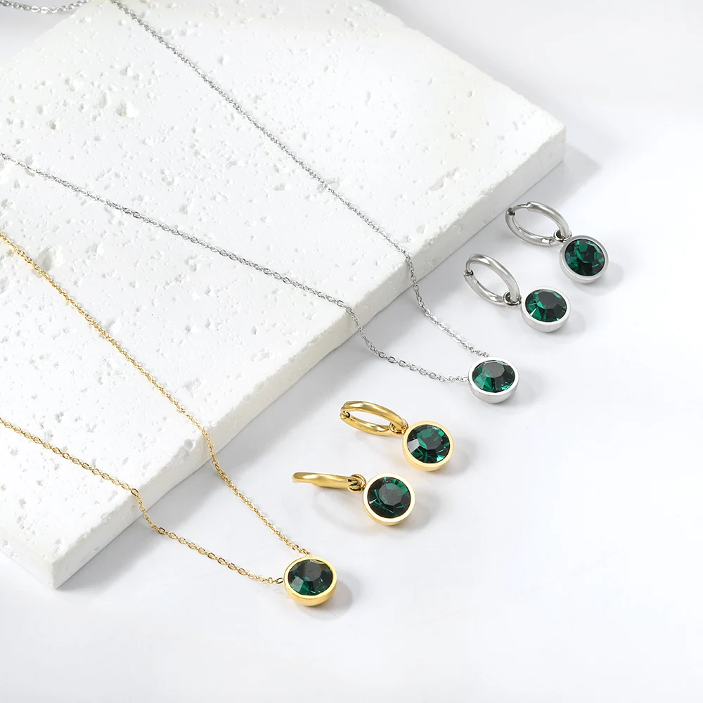 LUXUSTEEL Round White Colorful Crystal Stone Drop Hoop Earrings Necklace Women Stainless Steel Purple Green Blue Zirconia Sets