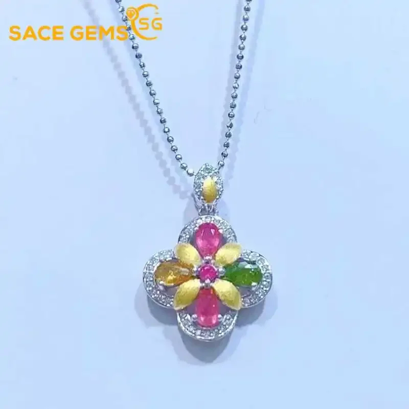 SACE GEMS Certified 925 Sterling Silver 3*5MM Natual Tourmaline Pendant Necklace for Women Engagement Cocktail Party Fine Jewelr