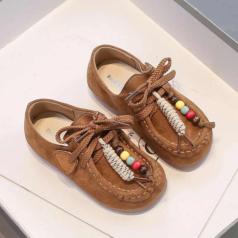 Mumoresip Vintage Children's Moccasin Flat Shoes Toddler Bead Tassel Kids School Leather Shoes Soft Non-slip Girls Suede Shoes
