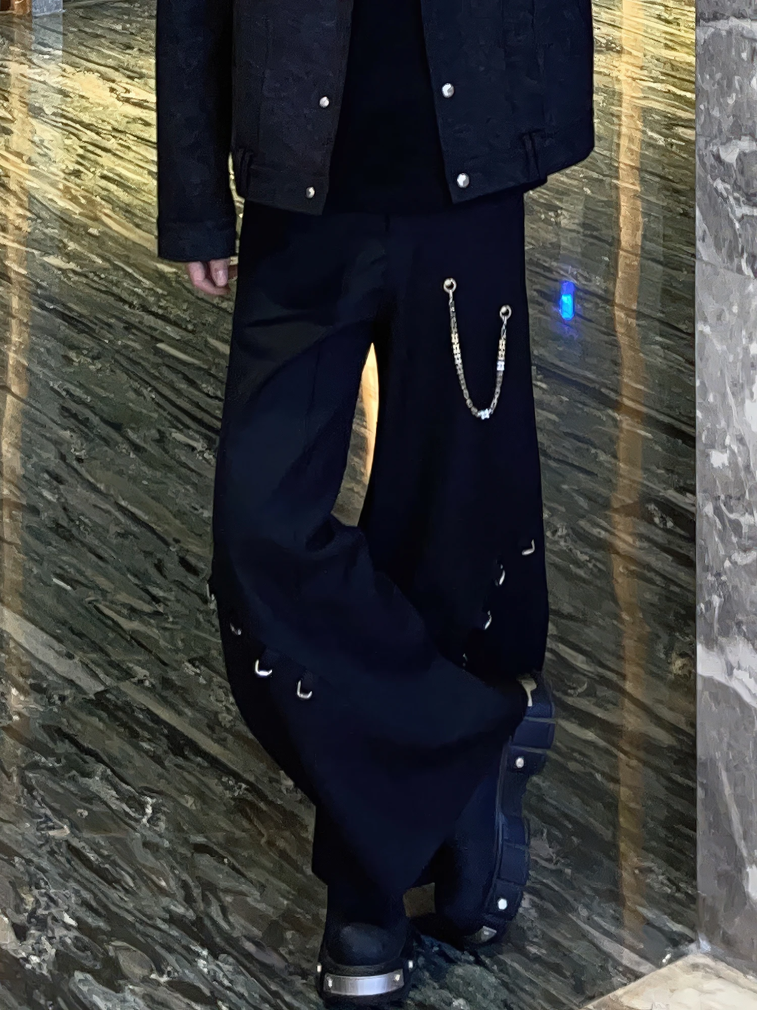 New Korean Version of Black Wide-leg Trousers Men's Trend Rivet Splicing Lanyard Design Sense Loose Versatile Scimitar Trousers