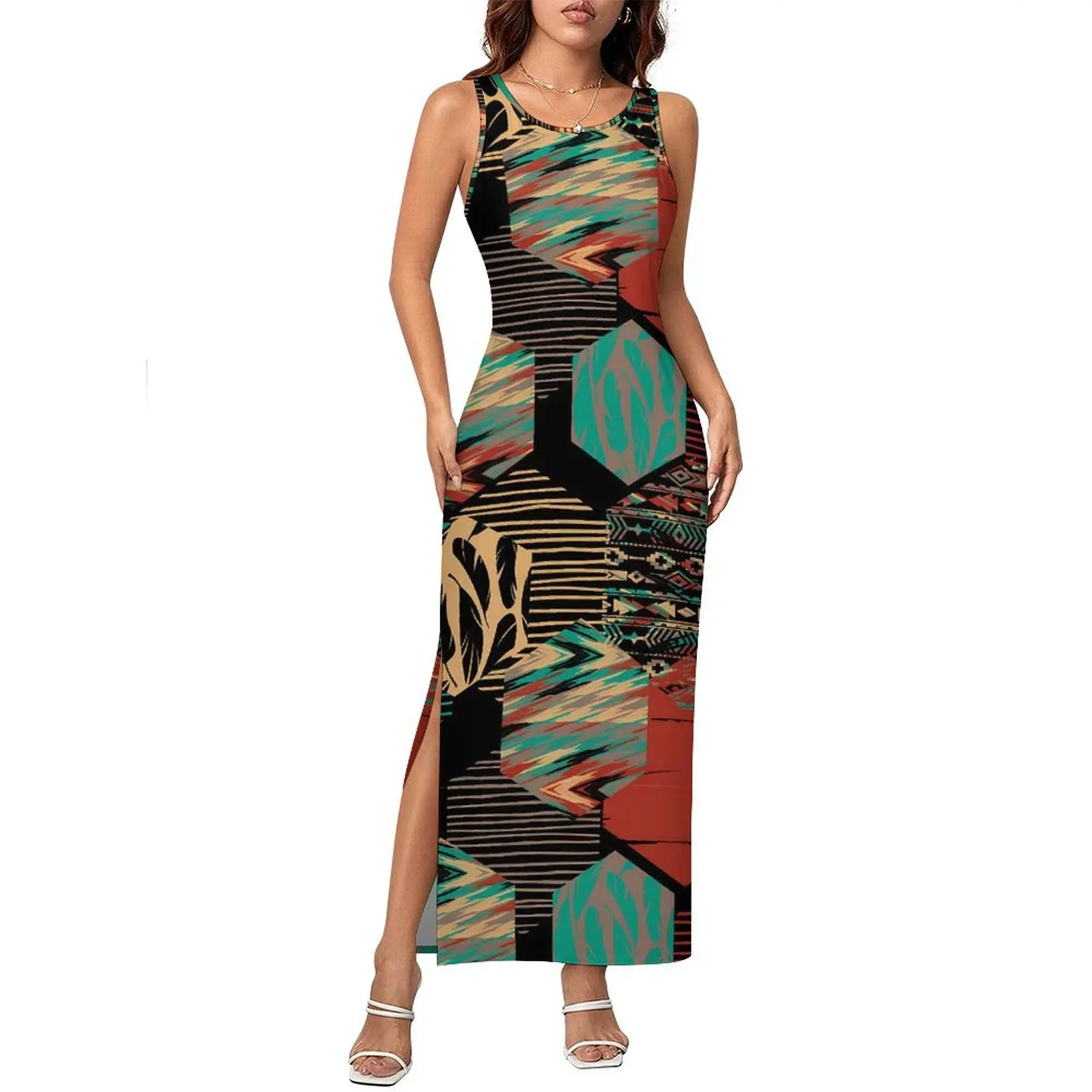 Tribal Print Bodycon Dress Spring Cute Ethnic Vintage Maxi Dresses Women Sleeveless Design Street Style Dress Big Size 3XL 4XL