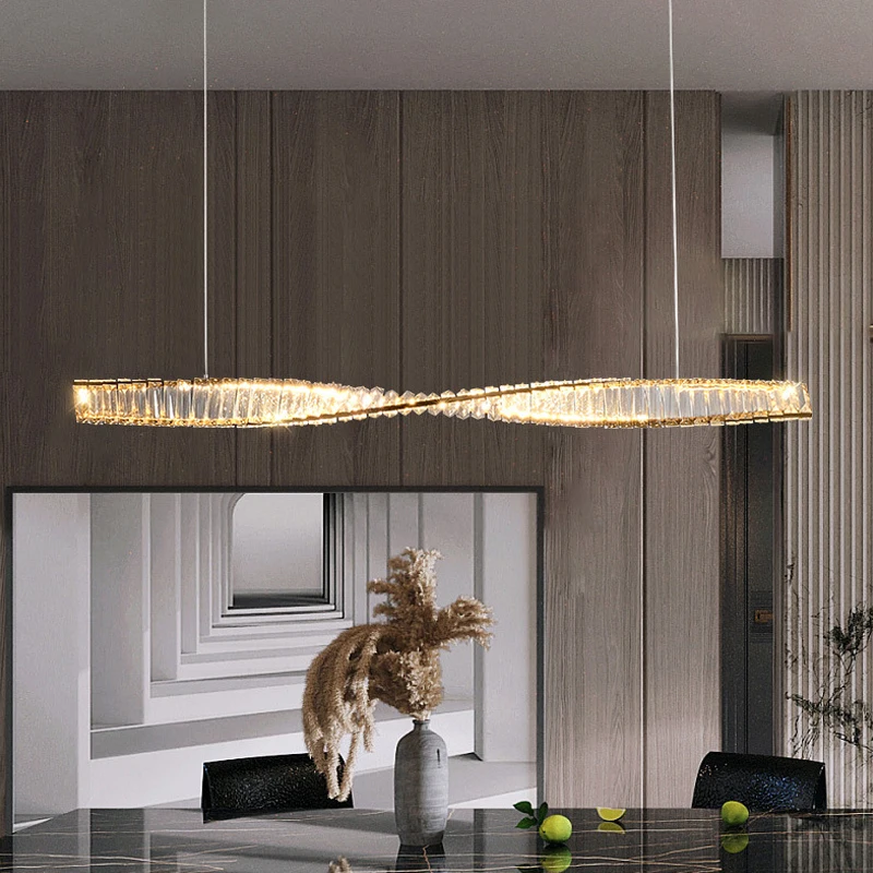 

LED luxury crystal long dining pendant light, single spiral dining table, bar counter, creative hanging pendant light, glossy