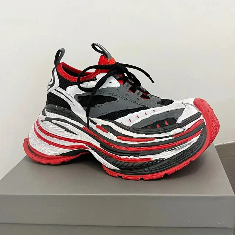 

2025Spring16XLVintage Dad Shoes Couple Style Distressed Men and Women Mesh Color Block Casual Sneakers Thick Sole Height Increas