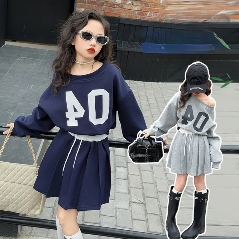 Girls' Set Spring and Autumn New Letter Sweatshirt and Pleated Skirt 2PCS Kids Sport Suits Casual Children Clothes Tracksuits