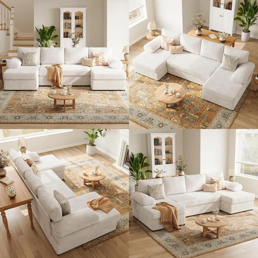 

Elegant 4-Seater Sectional Sofa with Double Chaise in Warm White Corduroy