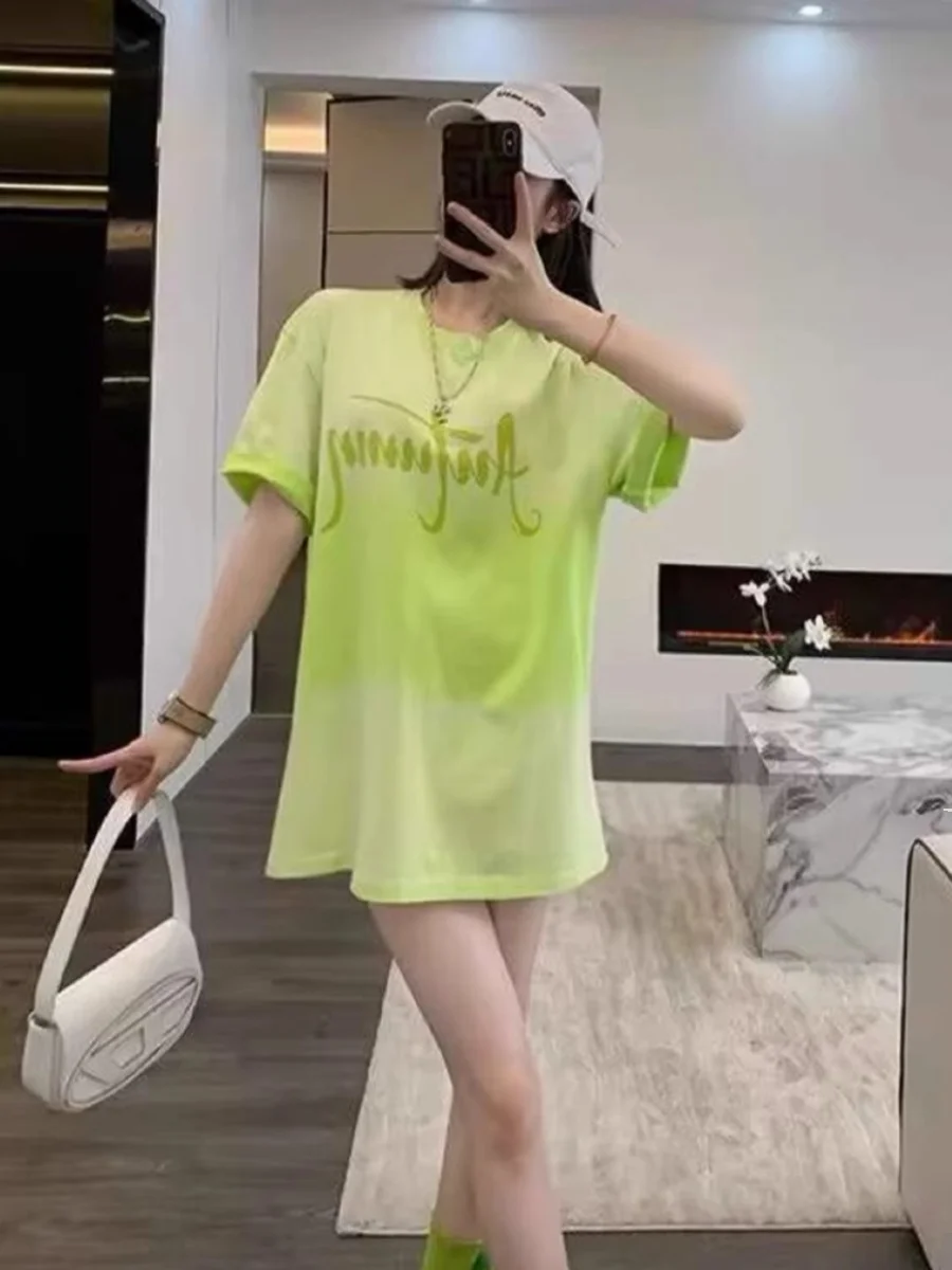 Fluorescent Green Short Sleeve T-Shirt Women's Summer Dopaamine Clothing European Large Size Mid-Length Butt Covering Top