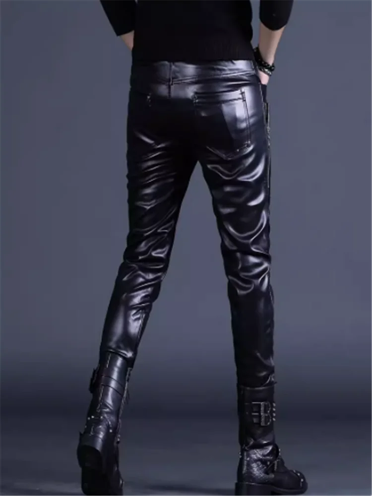 2023 Winter men's thermal leather pants stage show pants Motorcycle rider delivery rider windproof pants