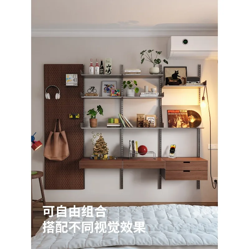 606 shelf wall hole board storage rack, small apartment solid wood antique wall track bookshelf