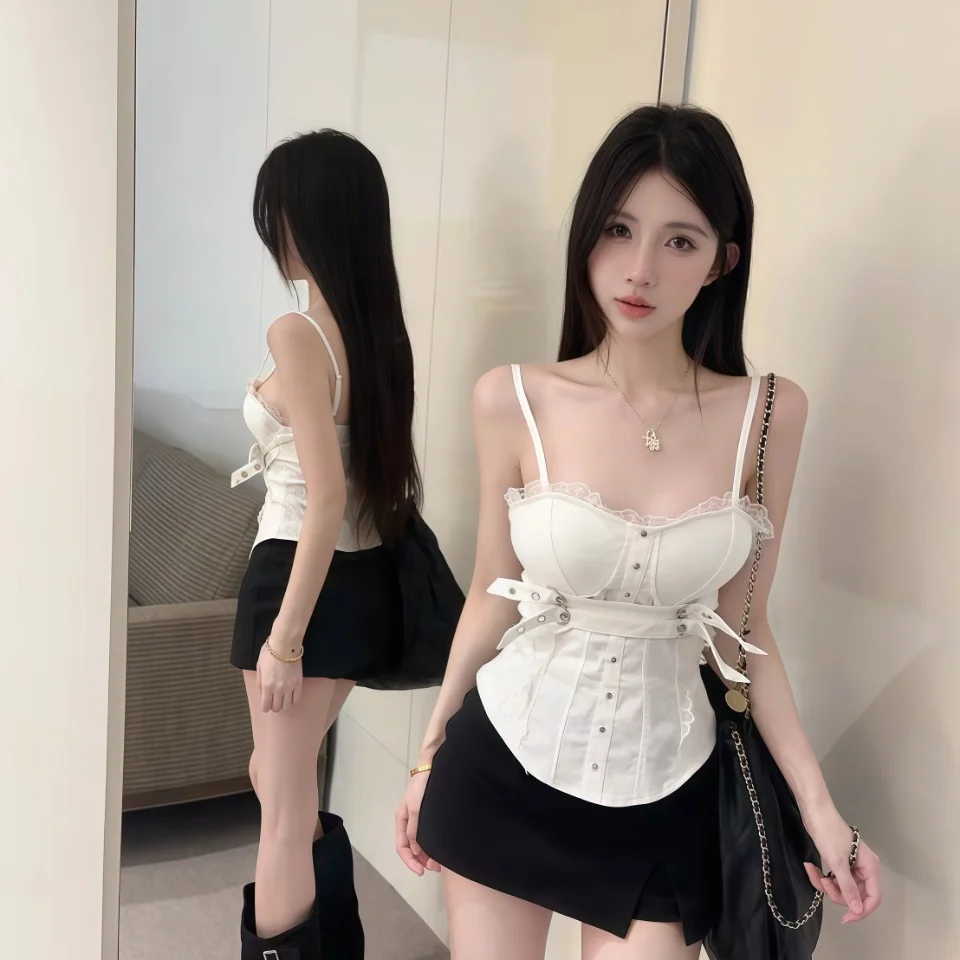 Summer New Style Spicy Girl Heavy Back Zipper Design Splice Strap Vest Integrated Fixed Strap Chest Pad Women's Fashion