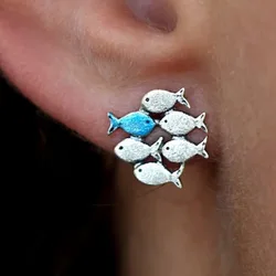 Swimming Against The Current Silver Color Stud Earrings. Mismatch. School of Fish with One Blue Swimming Upstream