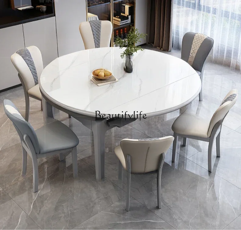 

56Corrugated rock slab retractable dining table modern simple small apartment light luxury solid wood folding