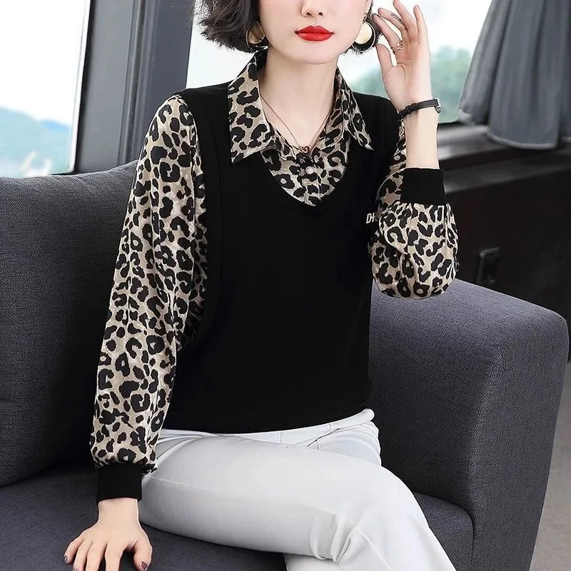 Elegante manga longa chiffon impresso camisa para mulheres coreano vintage all-match emendado solto blusa casual primavera roupas femininas