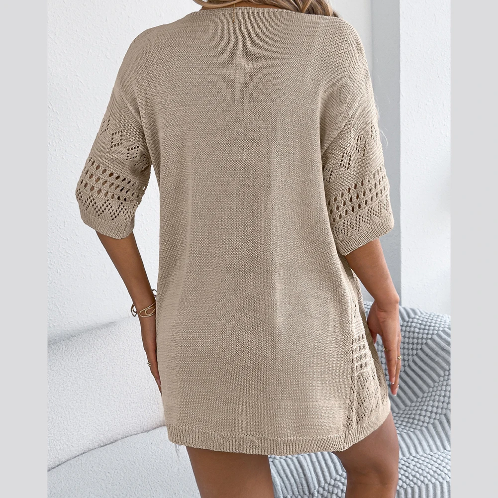 

Женский вязаный кардиган-свитер со средними рукавами, повседневный однотонный дизайн и вырез для разных мероприятий и образцов.