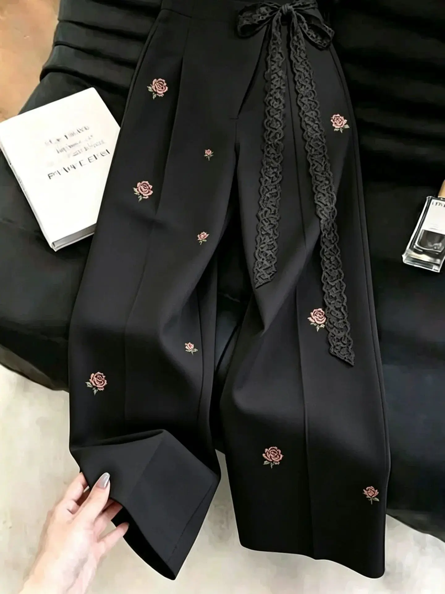 

2026 Summer New Lace Strap High Waist Trousers Women Heavy Industry Embroidered Straight Pants Ladies Slim Joker Wide-leg Pants